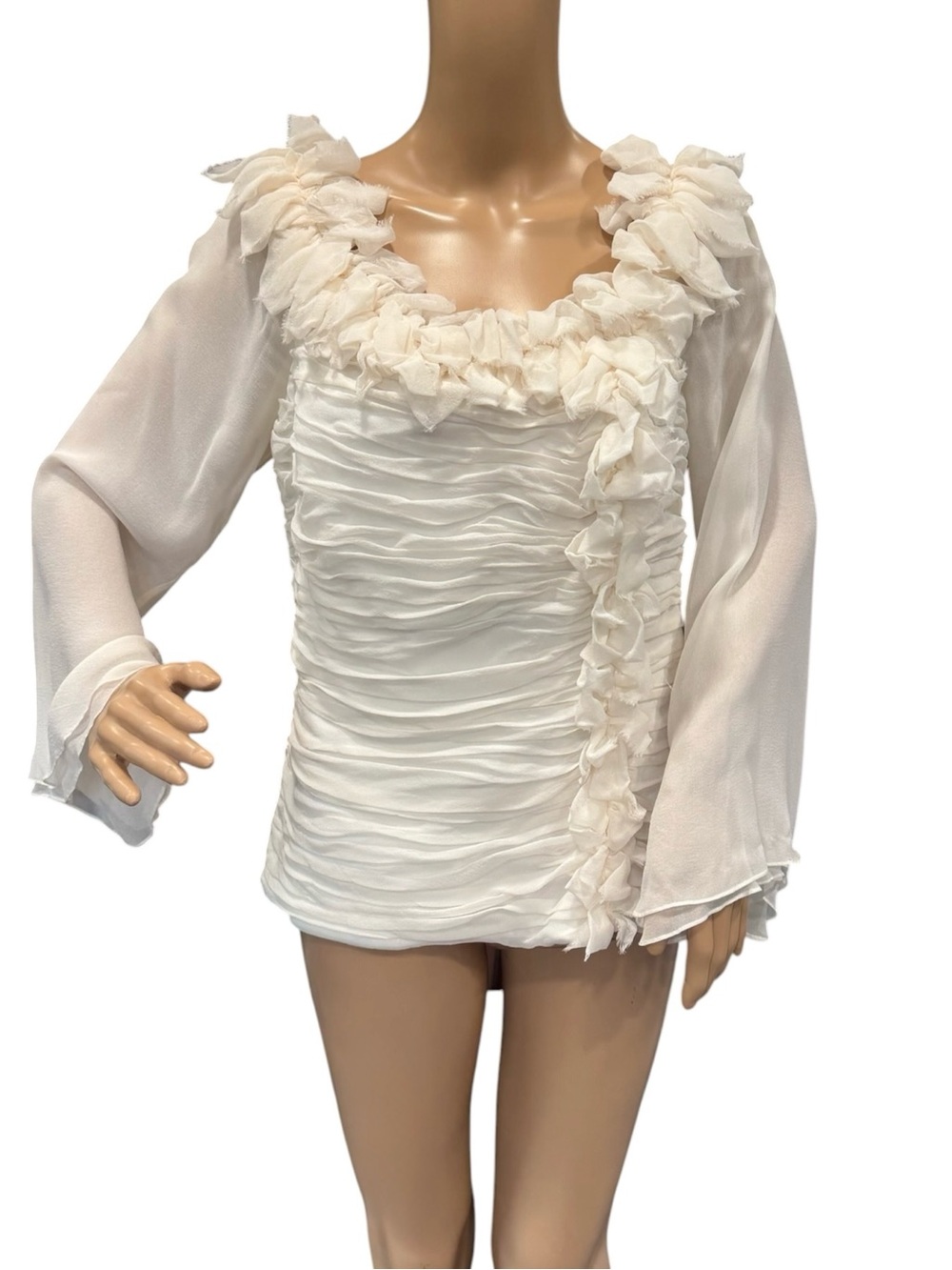 Tadashi Shoji Vintage Blouse Size 14 Ruffled Pleated 100% Silk White Top